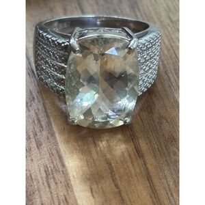 BBJ Sterling Silver Checkered Cushion Cut Yellow Stone Ring - Size 10
